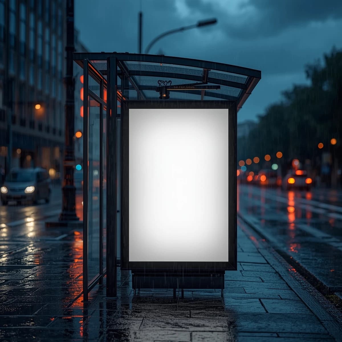 Show a billboard mockup at dusk: glass bus stop shelter, glowing lightbox, blank ad panel, city blur, raindrops, space for copy, looks premium but a bit gritty.