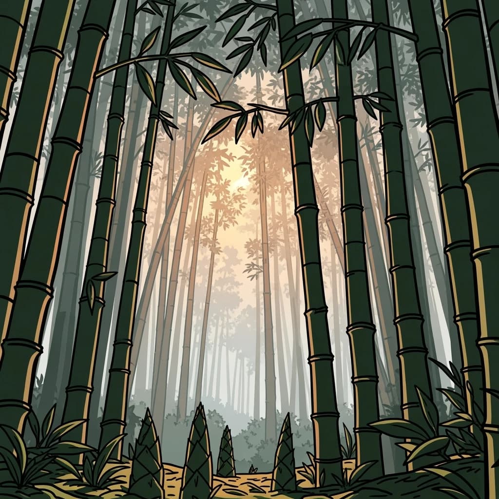 Give me a misty bamboo forest at sunrise, bold outlines, slightly cel-shaded.