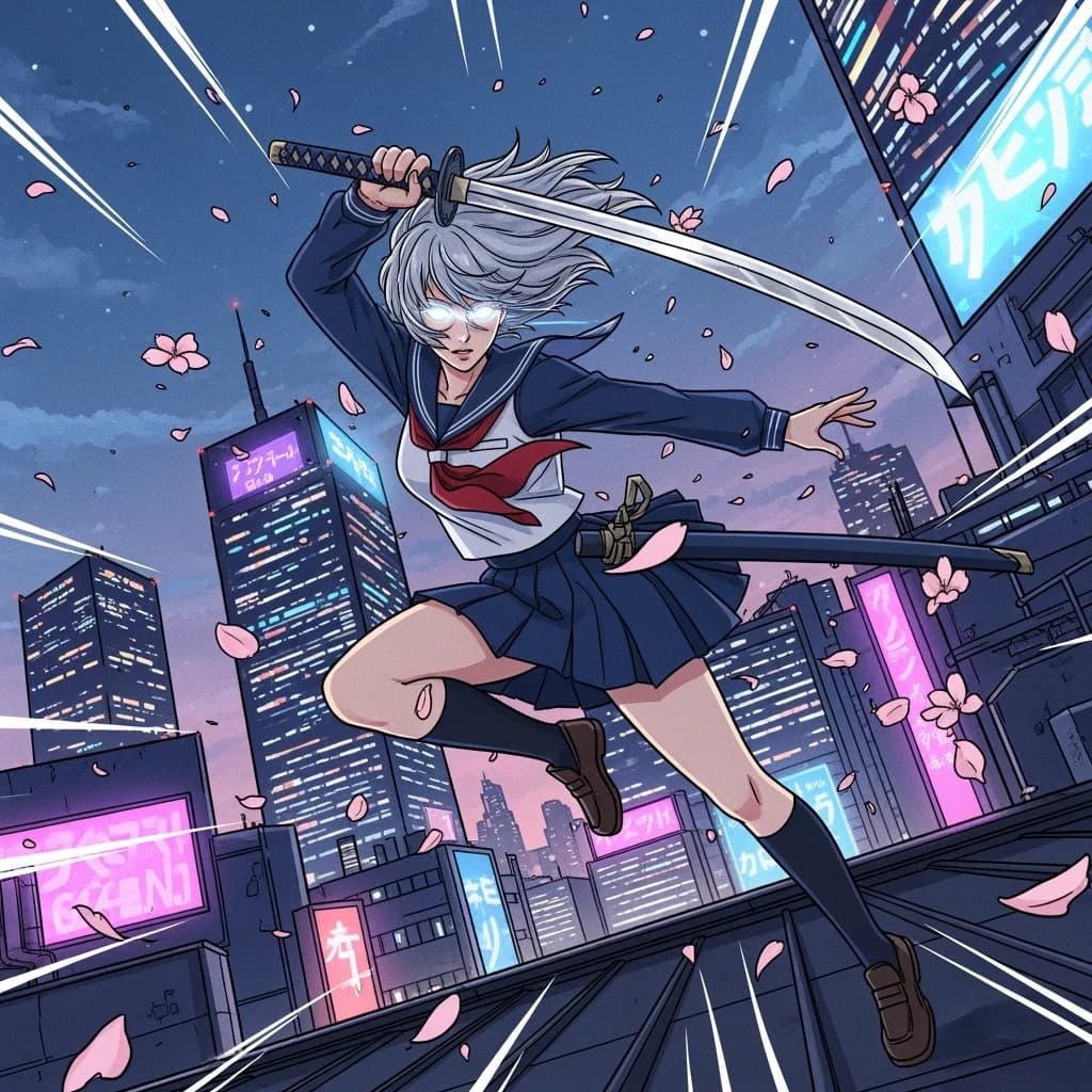 Wind-swept rooftop at dusk, a silver-haired swordswoman in a navy school uniform leaps, luminous eyes, cel shading, cherry blossoms swirl, neon city, dynamic angle, speed lines.
