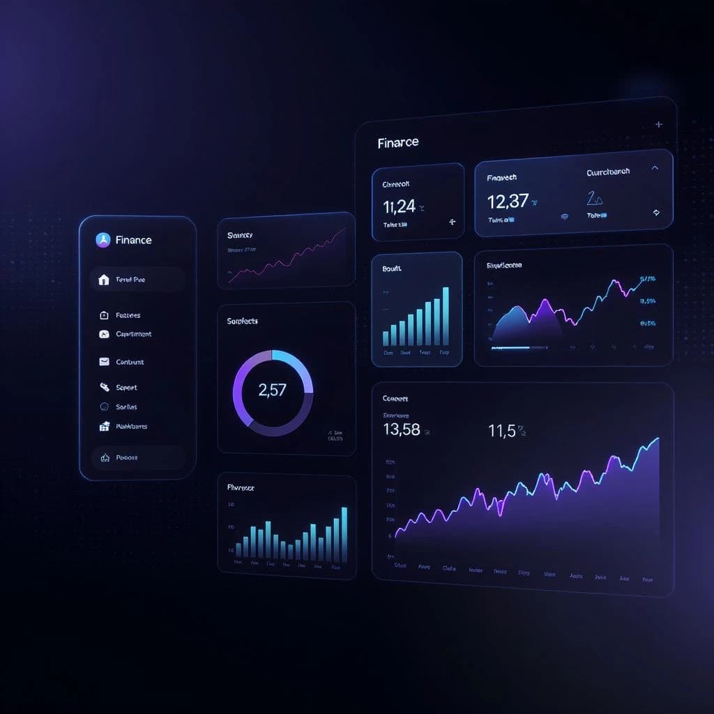 Make a dark mode finance dashboard with charts, glassmorphism, soft neon glow.