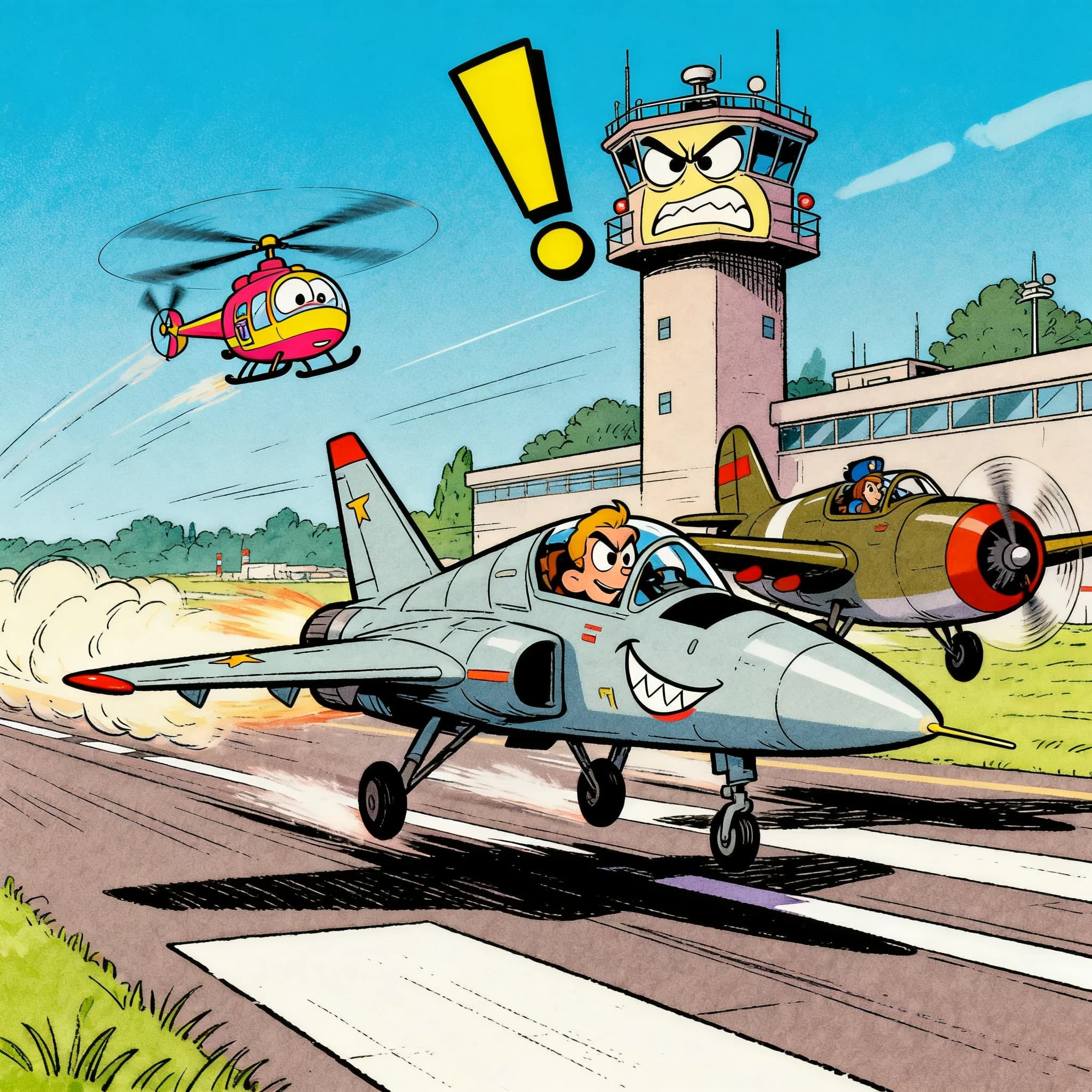 Almost at the runway, Fred the Fighter Jet is racing with Barry the Bomber to see who lands first. Fred has a mischievous trick up his sleeve but Hermione the Helicopter is going to stop him before he gets the chance. The control tower is very angry and has a big exclamation mark. Hand drawn cel look