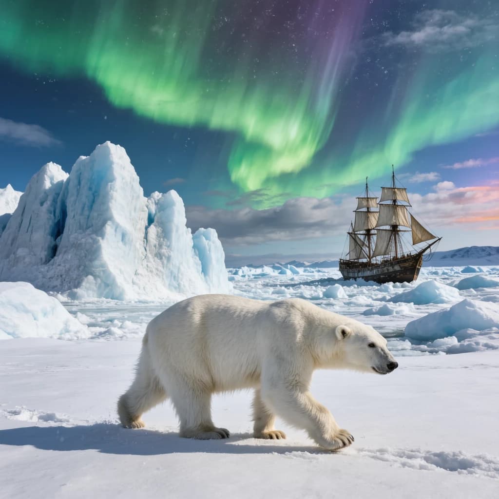 An endless tundra stretches outward, littered with jagged icebergs shaped like cathedral spires. A polar bear trudges across the foreground but leaves no tracks. Auroras ripple overhead. A half-buried shipwreck juts from the snow — sails billowing despite the still air.