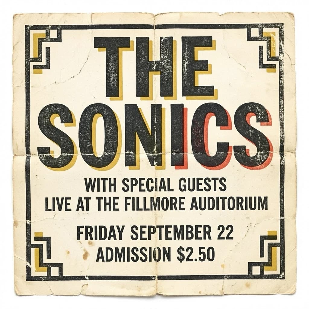 Make a 1960s concert poster featuring bold wood type, misaligned ink, creases.