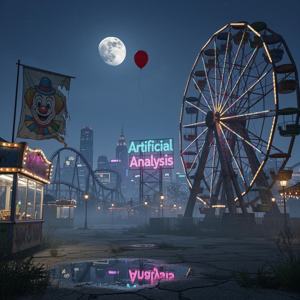 A deserted amusement park glows faintly under a half-moon. The ferris wheel is rusting yet strung with fresh, blinking LED lights. A torn clown banner flaps in a windless air. A lone balloon floats upward, tethered to nothing, while in the far distance city lights flicker on - some neon, some gas lamps as though from another century. 'Artificial Analysis' glows in neon