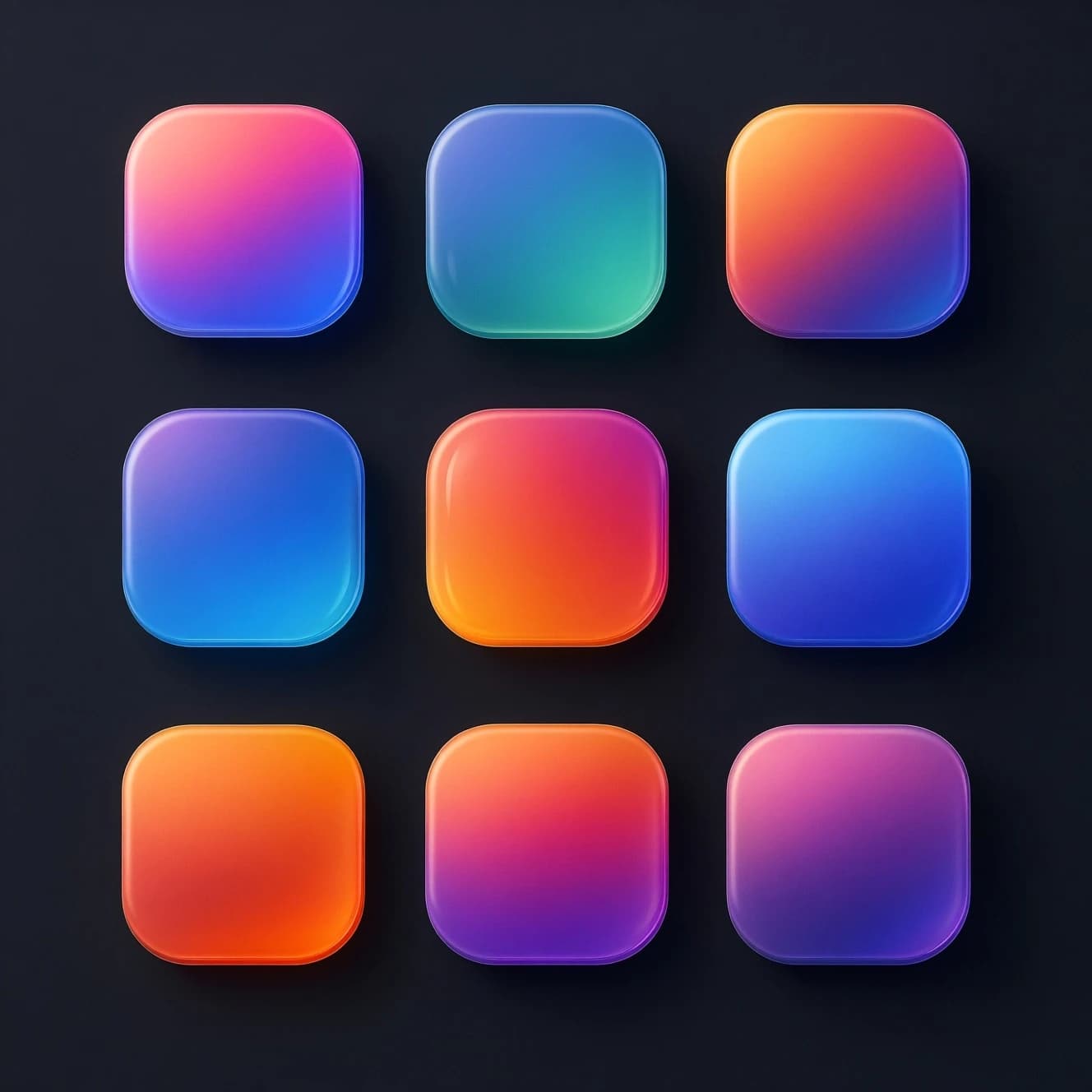 Design a glossy 3D icon set with smooth gradients.