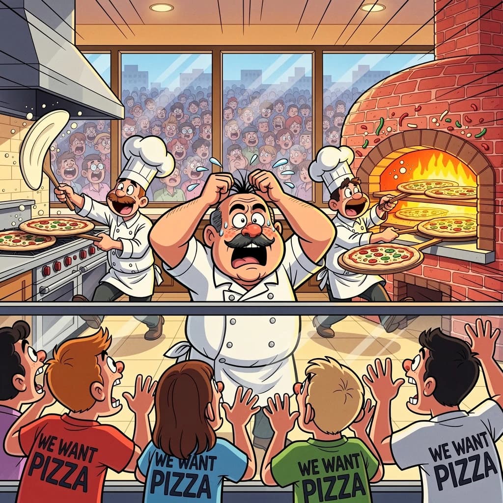 Pasquale is pulling his few remaining hairs out over a disaster at the pizzeria - the cooks are working as fast as they can but the crowds outside are swelling and they demand hot hot pizza! They are banging on the glass and some are wearing "we want pizza" shirts. 1980s western TV animation style.