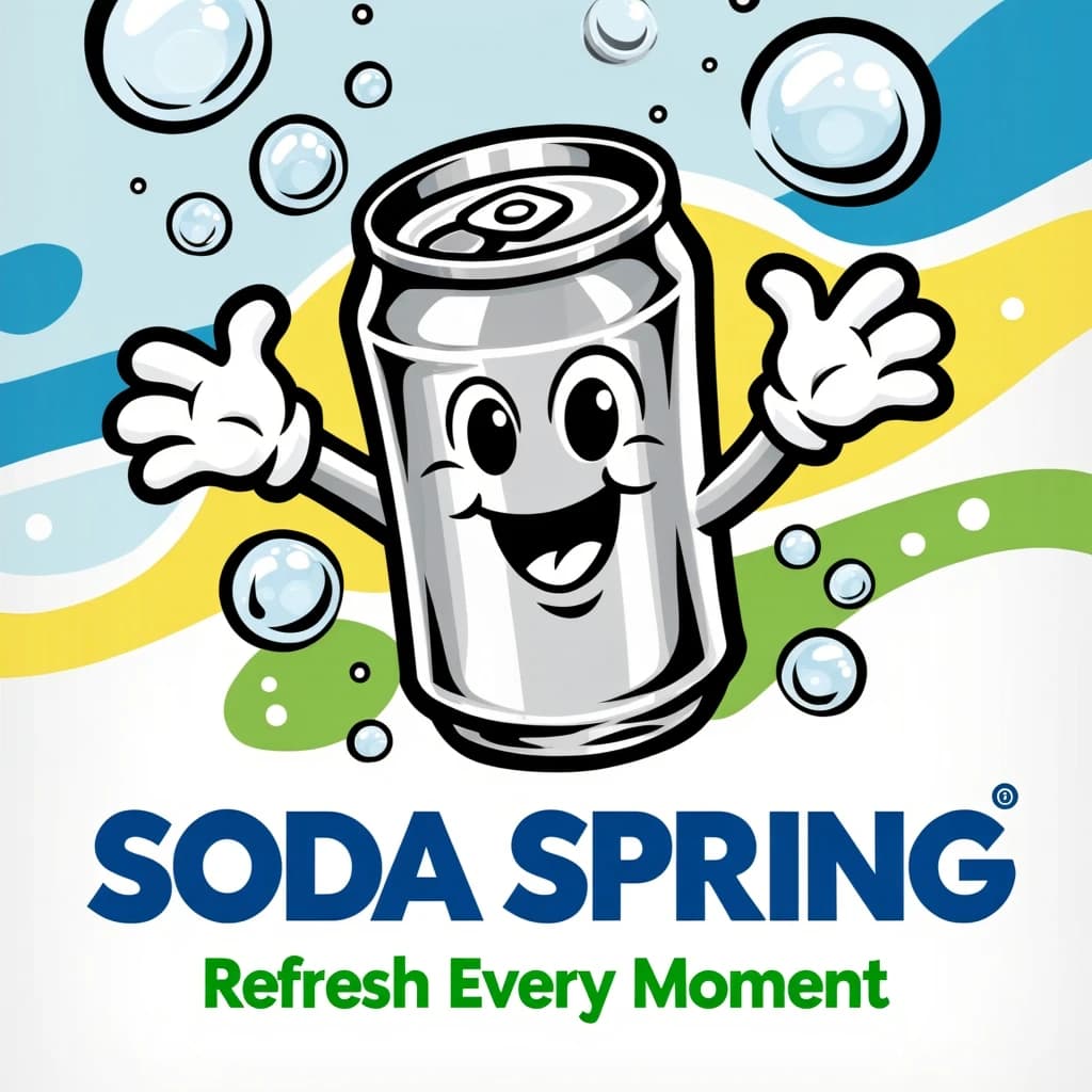 Design a bright soda billboard ad with a bubbly can mascot, thick inky lines.