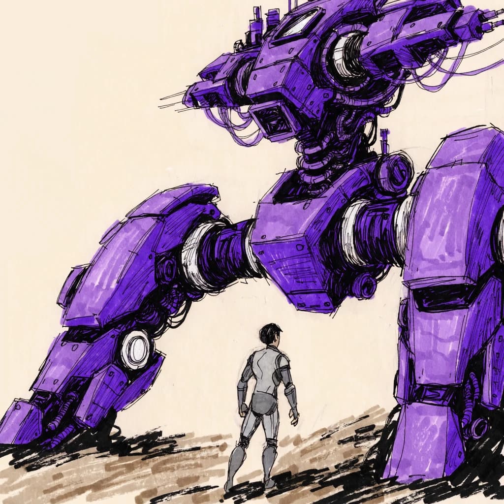 Clad in his body suit up to the neck, young Masa nervously approaches the towering mech with his back facing us. He is nervous for his first time in the field. The mech's bright purple colour scheme contrasts with the grey body suit. The scale of the mech dwarfs Masa. Hand drawn style