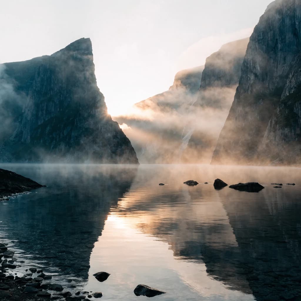 Frame a foggy fjord at sunrise, cliffs looming.