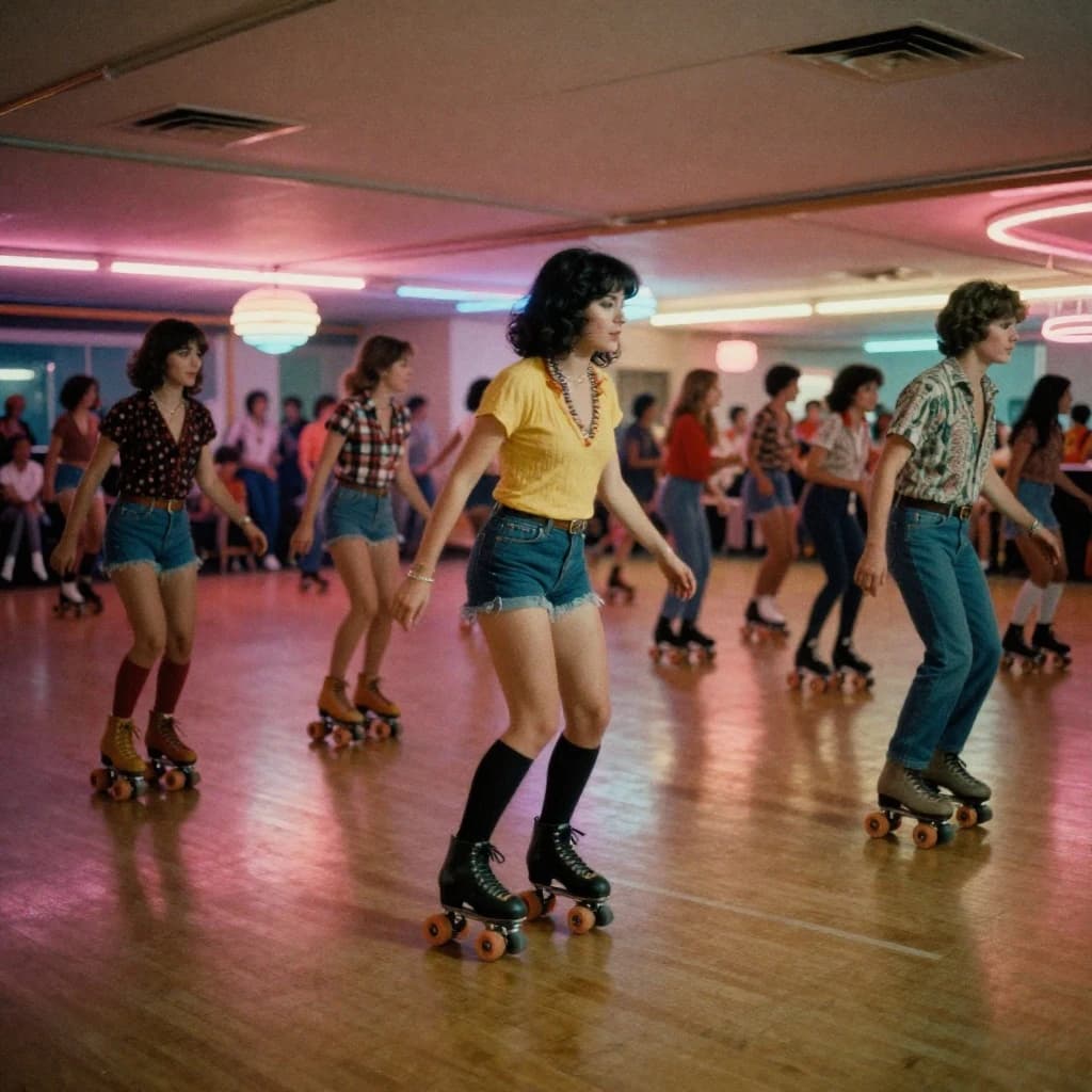 A 1970s roller rink crowd skates under neon, with a bit of fade and film grain.
