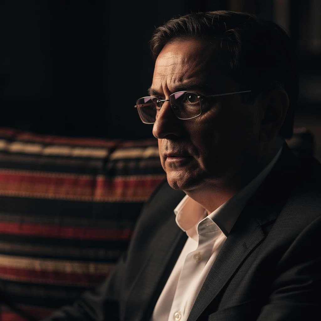 A sharply lit portrait of a middle-aged man wearing thin-rimmed glasses and a dark jacket over a white collared shirt. He gazes intently to the side, his face half illuminated by warm light while the background recedes into deep shadow. The expression is thoughtful, almost wary, as if caught mid-conversation. Behind him, a striped cushion in muted reds and blacks adds subtle texture, contrasting with the crisp highlights on his forehead and glasses. The overall mood is contemplative and cinematic, balancing warmth with tension.