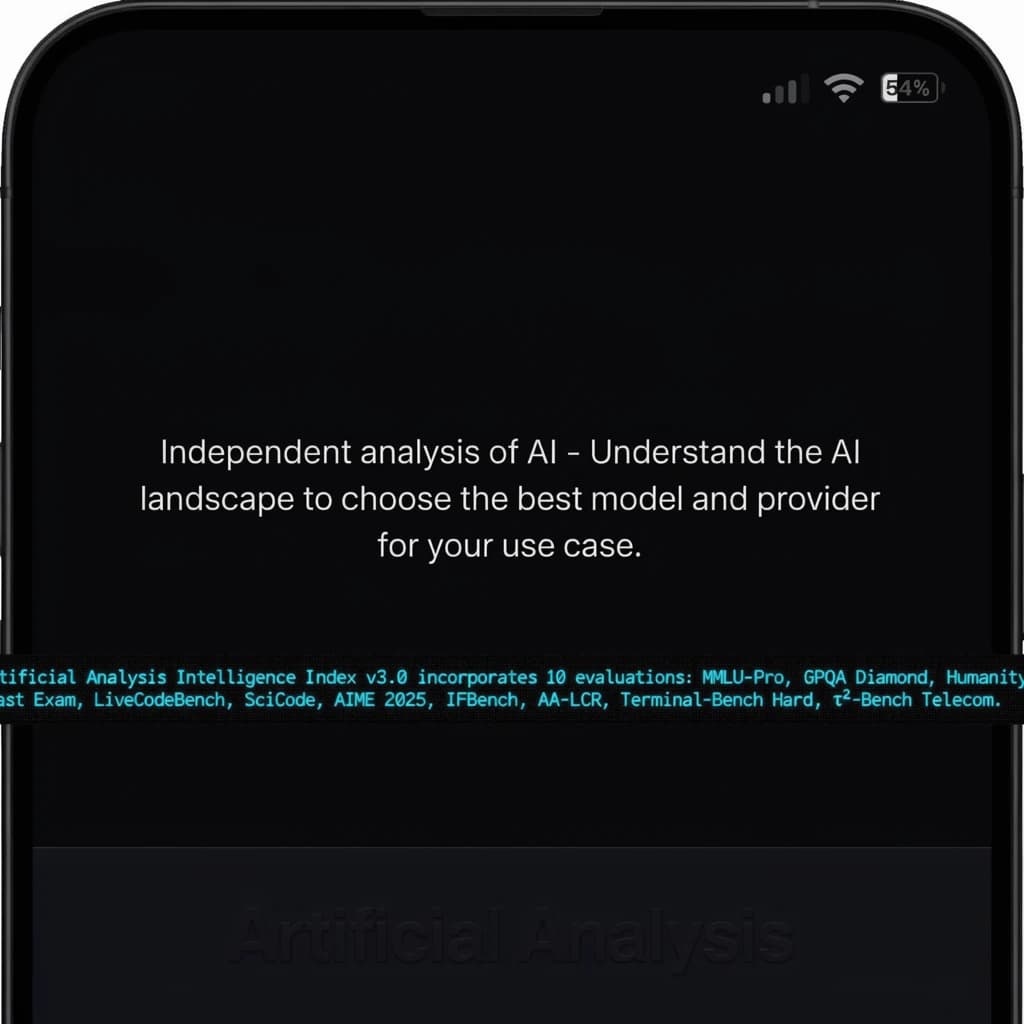 On a black smartphone UI with rounded corners, display a centered text block in white San Francisco font, 16pt: “Independent analysis of AI - Understand the AI landscape to choose the best model and provider for your use case.” Below, in neon cyan, monospace font, smaller size: “Artificial Analysis Intelligence Index v3.0 incorporates 10 evaluations: MMLU-Pro, GPQA Diamond, Humanity's Last Exam, LiveCodeBench, SciCode, AIME 2025, IFBench, AA-LCR, Terminal-Bench Hard, 𝜏²-Bench Telecom.” The second block scrolls horizontally as a ticker. The battery icon in the status bar shows 54%. The Artificial Analysis logo appears faintly, embossed into the bottom navigation bar.