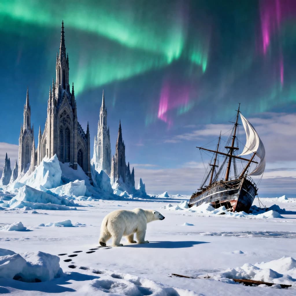 An endless tundra stretches outward, littered with jagged icebergs shaped like cathedral spires. A polar bear trudges across the foreground but leaves no tracks. Auroras ripple overhead. A half-buried shipwreck juts from the snow — sails billowing despite the still air.