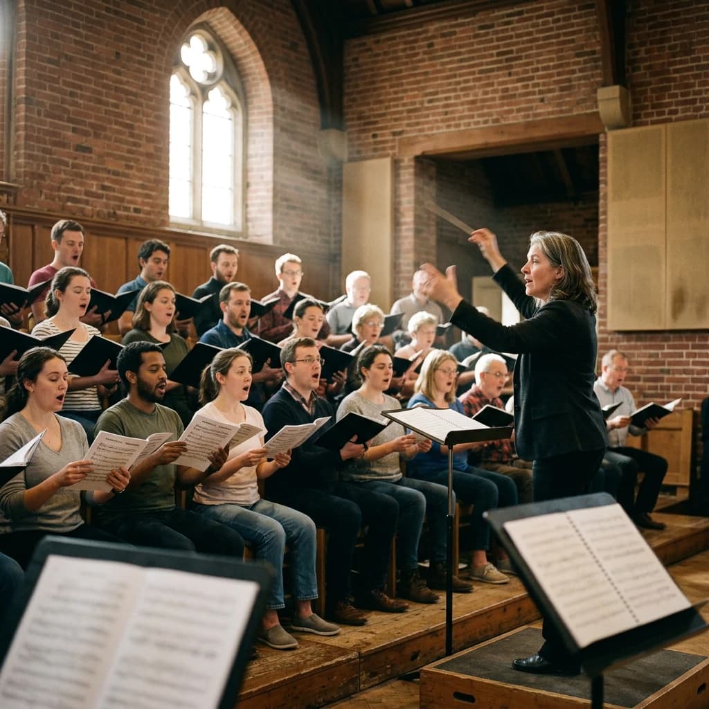A choir rehearses in a brick hall as somewhat dramatic morning light falls through high windows, with a patient conductor mid-gesture, open scores, intent faces, slight motion blur.