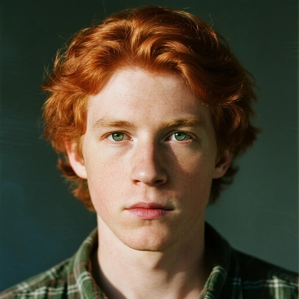 Shoot a natural light headshot of a red-haired man with freckles, green eyes.