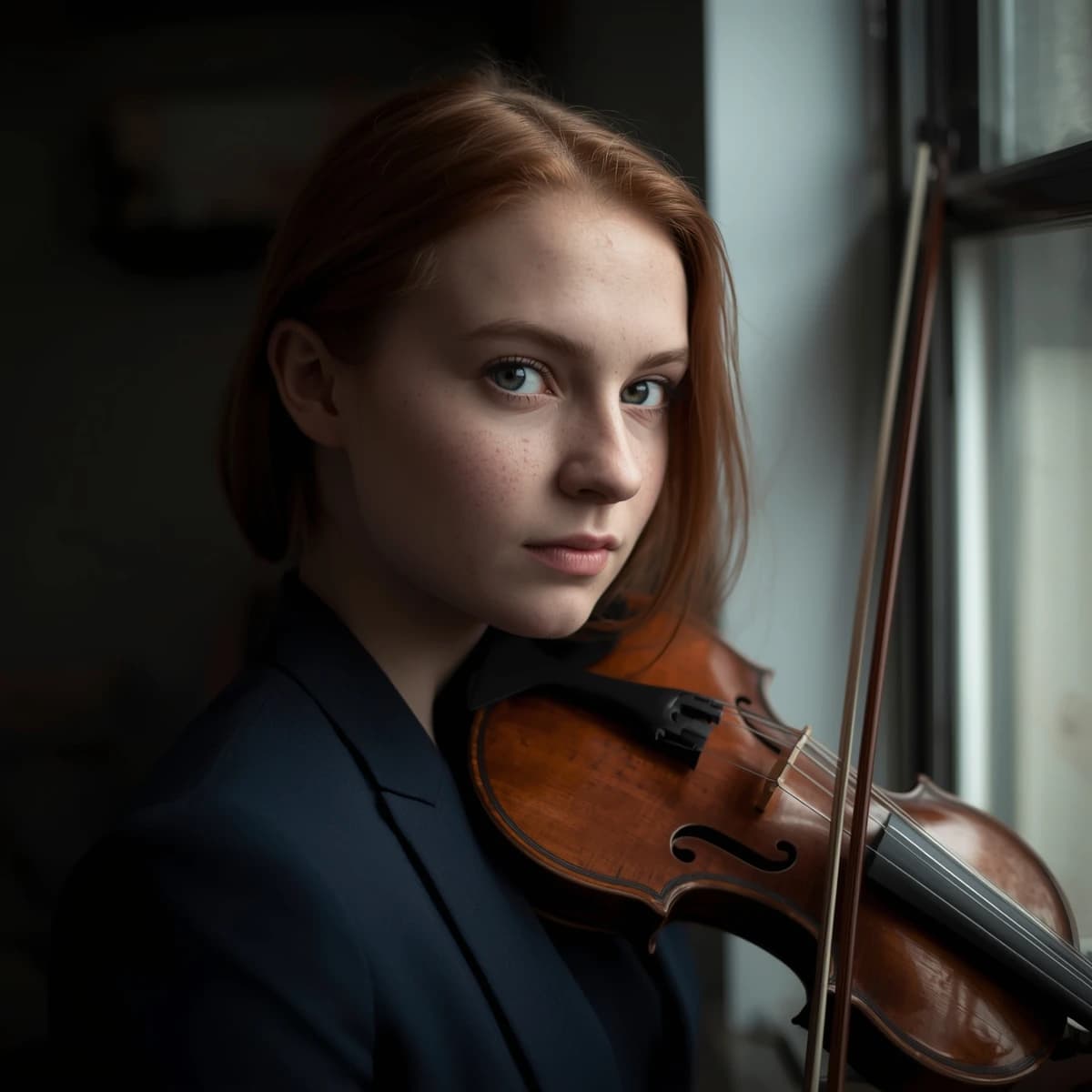 Capture a head-and-shoulders portrait of a freckled red-haired violinist in a navy blazer, soft window light, 85mm at f/1.8, gently smiling yet serious eyes, muted tones.