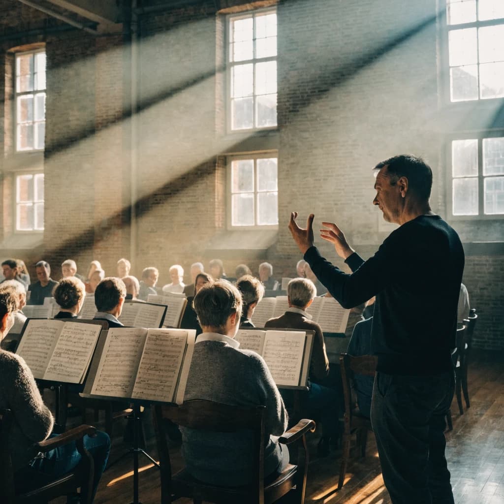 A choir rehearses in a brick hall as somewhat dramatic morning light falls through high windows, with a patient conductor mid-gesture, open scores, intent faces, slight motion blur.