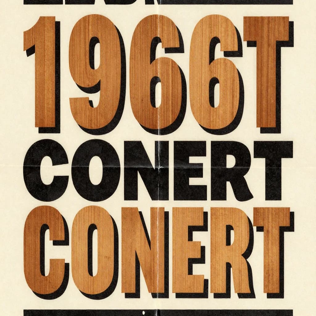 Make a 1960s concert poster featuring bold wood type, misaligned ink, creases.