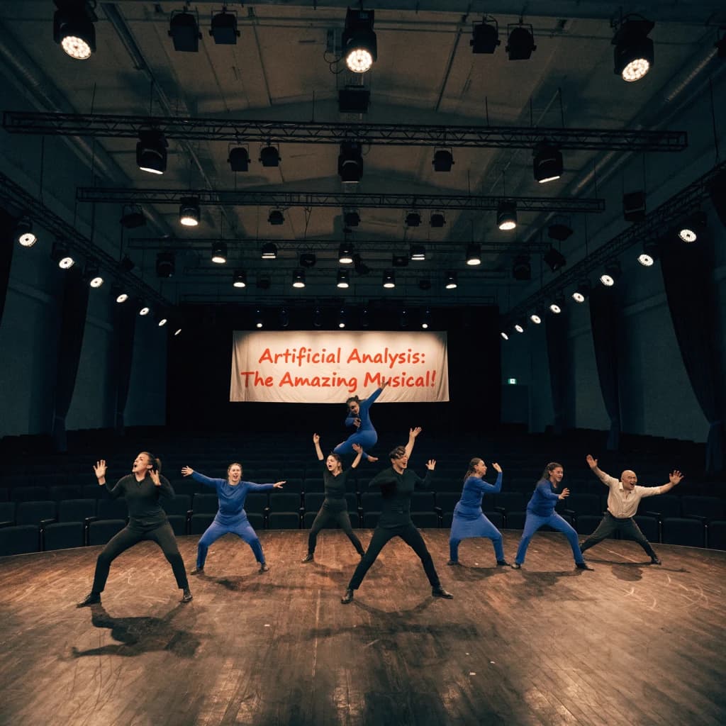 The musical troupe do a rehearsal in a large, empty theatre. 9 people are on the stage, half wear black and the others wear blue. The skinny bald director, seated in the second row, is practically leaping out of their seat with excitement as the leads nail their aerial. A giant banner reading "Artificial Analysis: The Amazing Musical!" is behind the actors.