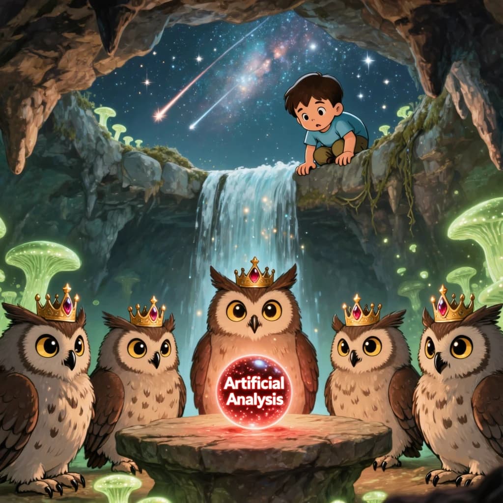 In a cavern lined with bioluminescent fungi glowing lime green, the council of owls wear jeweled crowns that glimmer with rubies, their wings folded behind their backs. Dust coats the stone table, a glowing orb inscribed with “Artificial Analysis” hovers above the table illuminating the owls with its red pulsating light. Behind them, a waterfall falls upward into a ceiling that opens onto stars - a child looks down in wonder from above at what he has stumbled across.