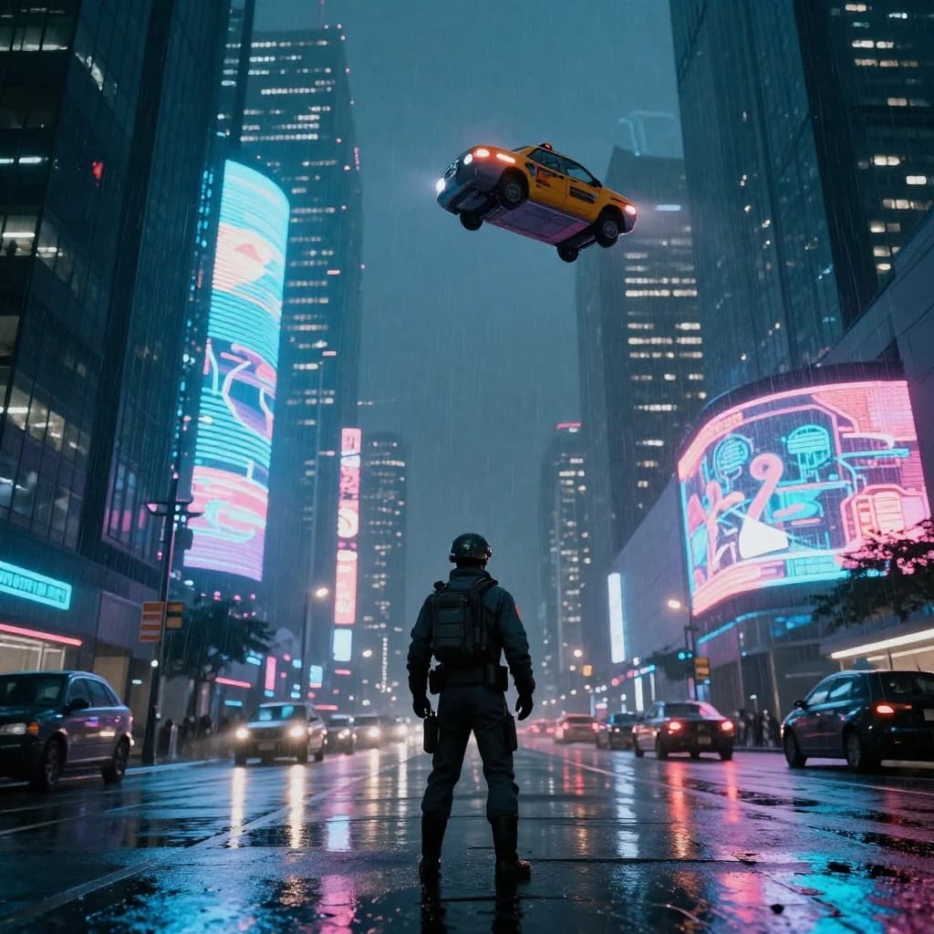 Rain-soaked neon megacity at night, flying taxis weave between glass towers, giant holograms flicker; a lone courier in a matte exosuit, somewhat cinematic wide angle.