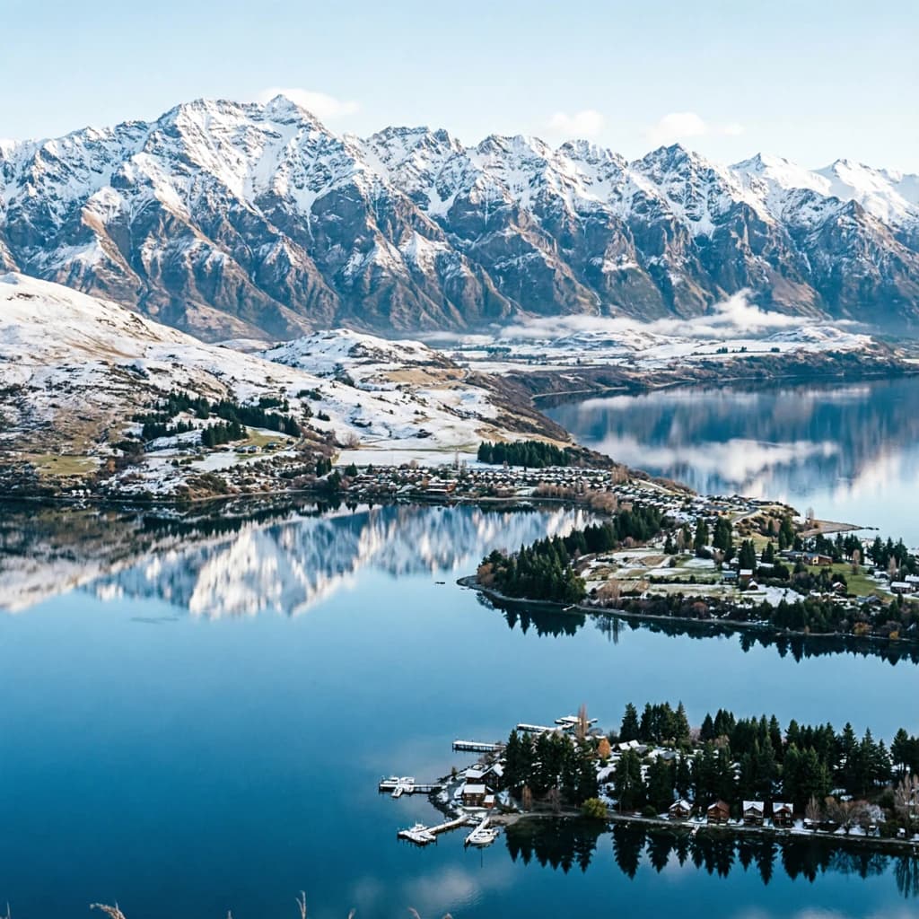 Queenstown's Lake Wakatipu, viewed from the top of Queenstown Hill after a snowstorm just dusted the top of Cecil's Peak