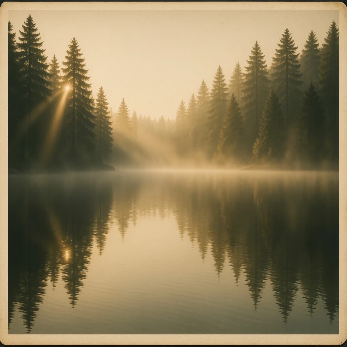 Give me a faded postcard of a misty pine lake at dawn, light leaks, film grain.