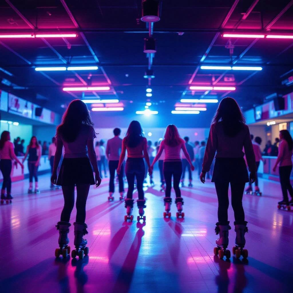 A 1970s roller rink crowd skates under neon, with a bit of fade and film grain.