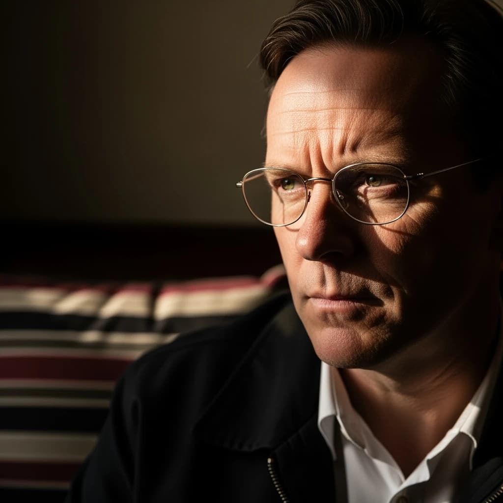 A sharply lit portrait of a middle-aged man wearing thin-rimmed glasses and a dark jacket over a white collared shirt. He gazes intently to the side, his face half illuminated by warm light while the background recedes into deep shadow. The expression is thoughtful, almost wary, as if caught mid-conversation. Behind him, a striped cushion in muted reds and blacks adds subtle texture, contrasting with the crisp highlights on his forehead and glasses. The overall mood is contemplative and cinematic, balancing warmth with tension.