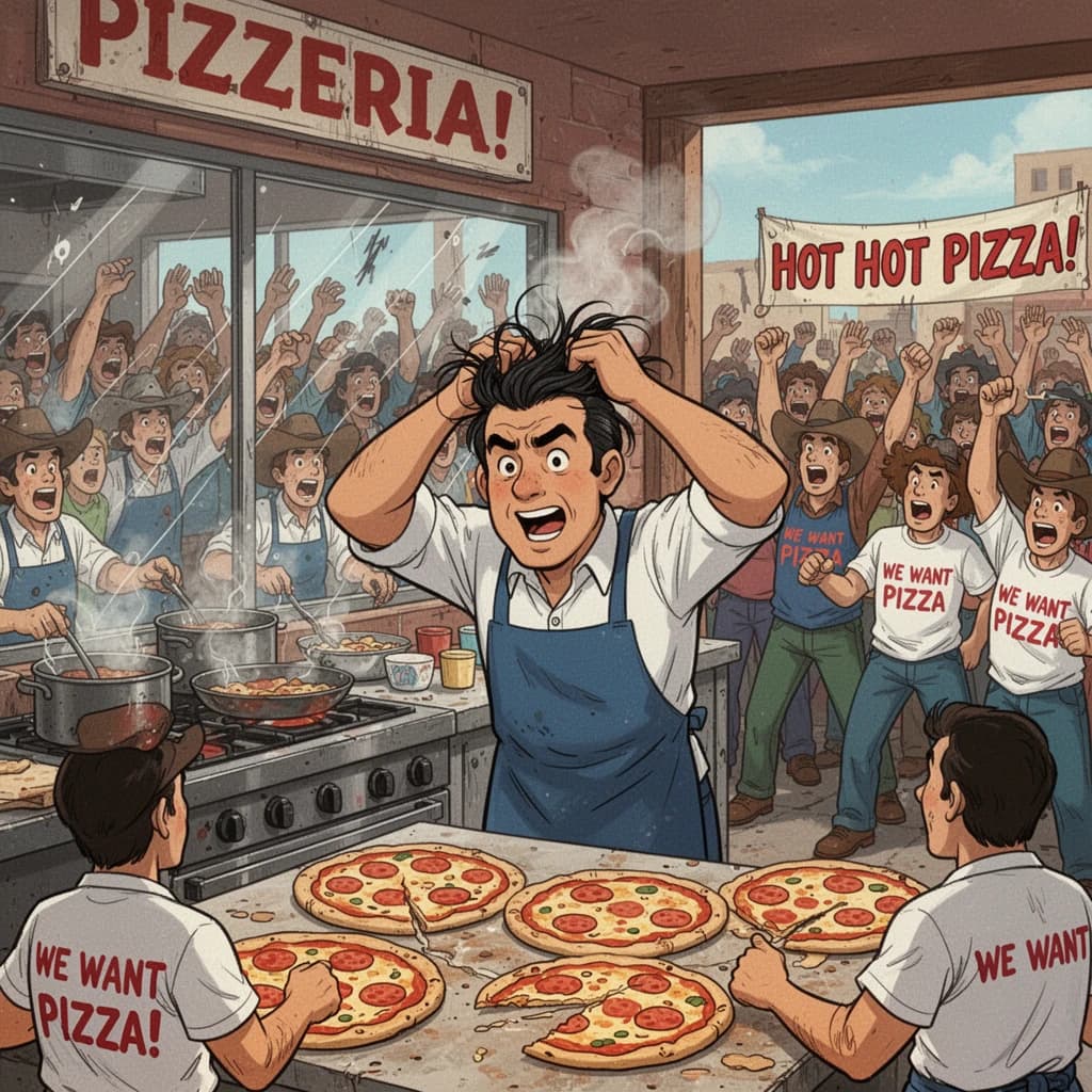 Pasquale is pulling his few remaining hairs out over a disaster at the pizzeria - the cooks are working as fast as they can but the crowds outside are swelling and they demand hot hot pizza! They are banging on the glass and some are wearing "we want pizza" shirts. 1980s western TV animation style.