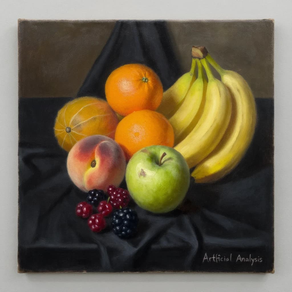 A still life scene painted oil on canvas, comprising various fruits on a black table cloth with striking lighting coming from the right out of frame, creating strong shadows. A bruised green apple is in the foreground, a peach behind it, and behind that a melange of oranges and bananas in various states of ripeness. Berries are strewn in front of the apple. The artist has signed his name "Artificial Analysis" in the bottom right corner in a hurried fashion.