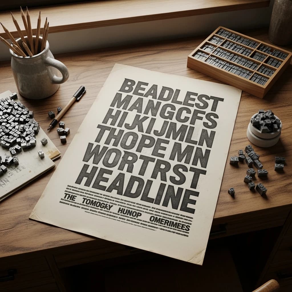 A vintage letterpress poster on a wooden desk: bold slab serif headline, tight kerning, misregistered ink, slightly worn edges, scattered metal type, soft window light.