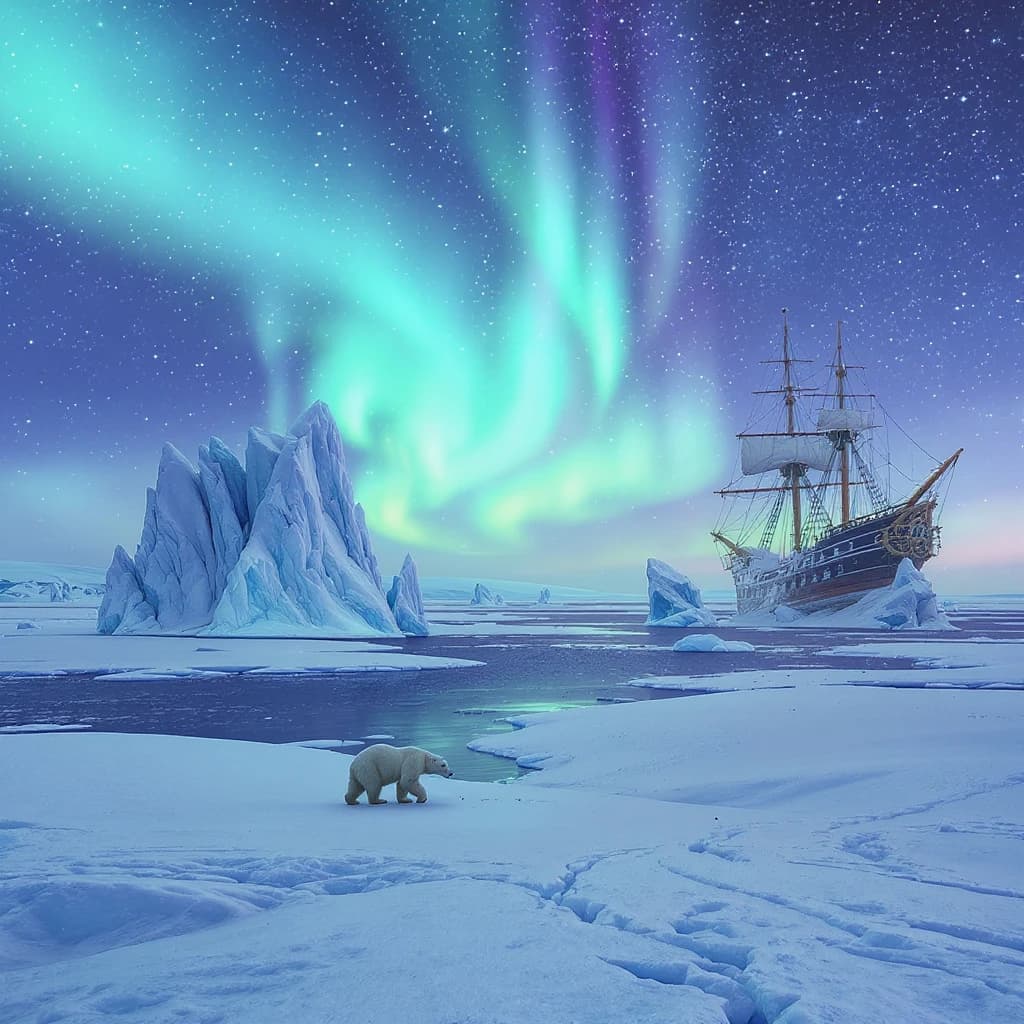 An endless tundra stretches outward, littered with jagged icebergs shaped like cathedral spires. A polar bear trudges across the foreground but leaves no tracks. Auroras ripple overhead. A half-buried shipwreck juts from the snow — sails billowing despite the still air.