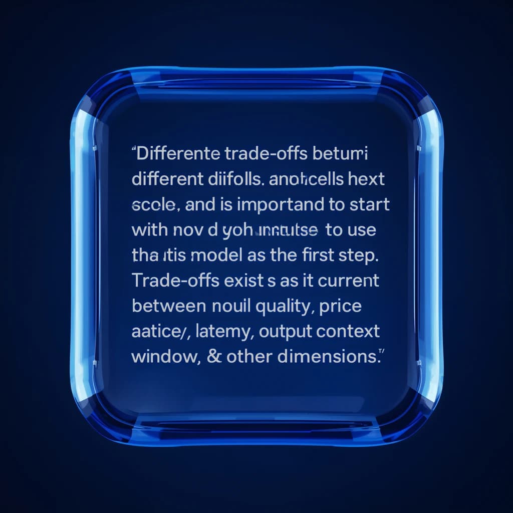 In a clear transparent blue glassy rounded box, etch "Different trade offs exist between different models and providers and as such, it is important to start with how you intend to use the model as the first step. Trade-offs exist currently between model quality, price, output speed, latency, context window & other dimensions. " in sans serif medium weight text. Artificial Analysis is watermarked over the top right 