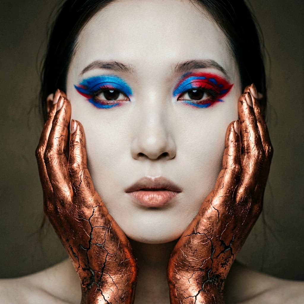 A striking close-up portrait of a woman with cracked metallic copper-painted hands framing her face. Her vivid blue and red eye makeup contrasts sharply with the smooth, pale skin and muted background, creating a bold, surreal composition. She displays an air of uncertainty about her