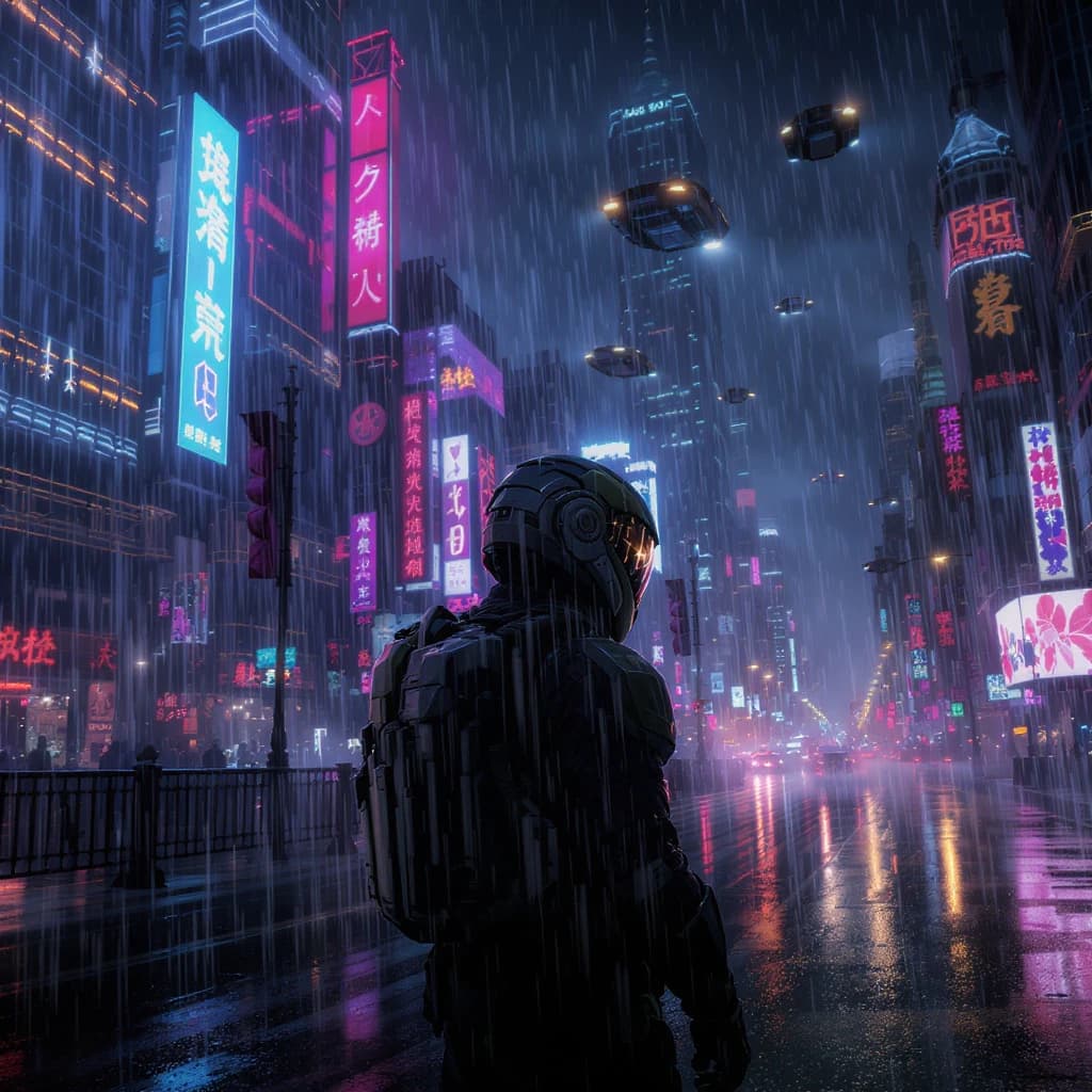 Rain-soaked neon megacity at night, flying taxis weave between glass towers, giant holograms flicker; a lone courier in a matte exosuit, somewhat cinematic wide angle.