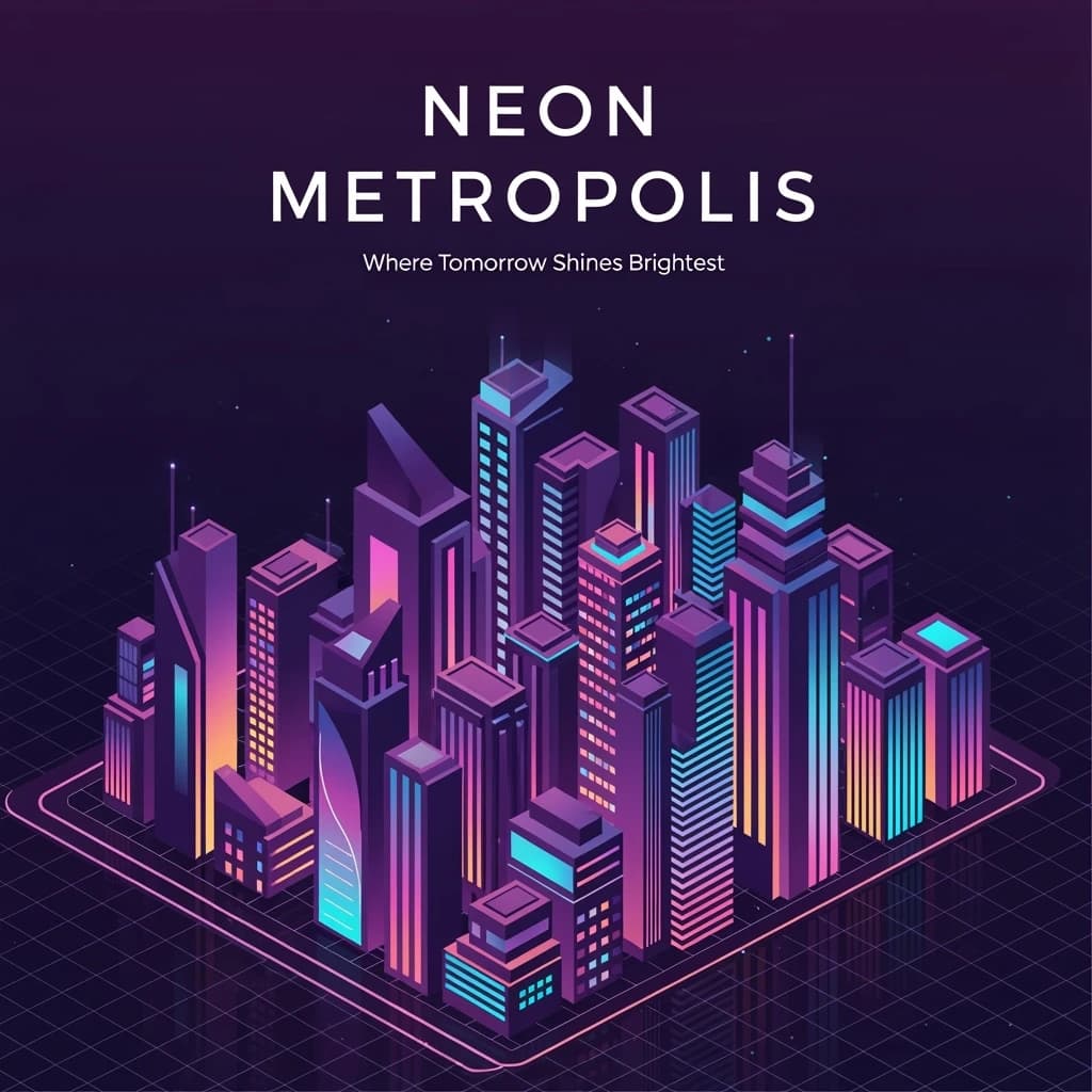 Render an isometric city poster with geometric buildings, neon gradients, gloss highlights, soft AO shadows, clean sans-serif lettering, grid layout, reflections a bit overexposed.
