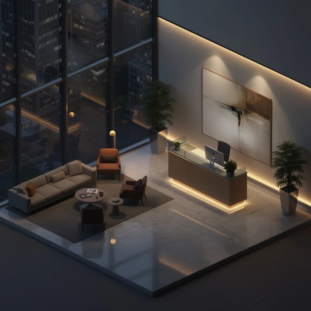 Isometric 3D lobby, glass walls, warm lights, slightly moody, soft shadows.