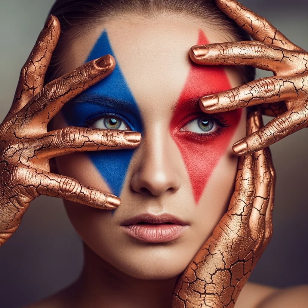 A striking close-up portrait of a woman with cracked metallic copper-painted hands framing her face. Her vivid blue and red eye makeup contrasts sharply with the smooth, pale skin and muted background, creating a bold, surreal composition. She displays an air of uncertainty about her