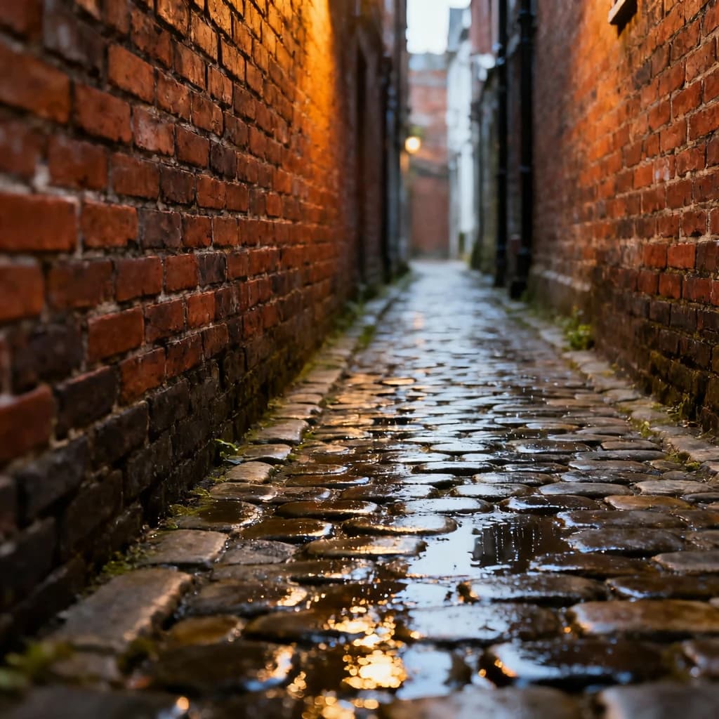 Show a narrow brick alley with wet cobblestones.