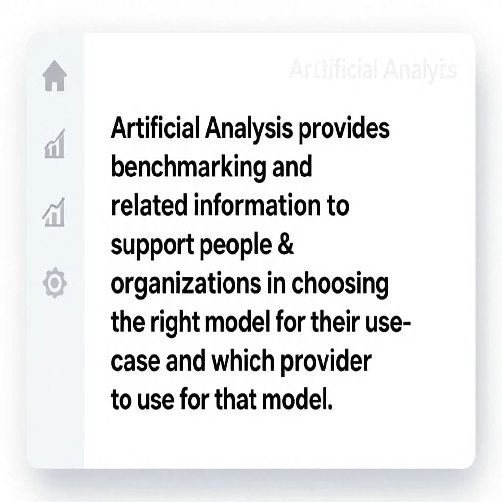 On a high-resolution dashboard mockup with a clean white background, display a centered text module in Helvetica Neue Regular, 18pt, black: “Artificial Analysis provides benchmarking and related information to support people & organizations in choosing the right model for their use-case and which provider to use for that model.” The text box is justified, but the final word wraps awkwardly onto its own line. To the left, a vertical navigation bar in light gray with three icons - home, chart, and settings - aligned evenly but casting misaligned shadows. In the upper right, the Artificial Analysis logo appears faintly, semi-transparent, watermarked over the corner of the interface.