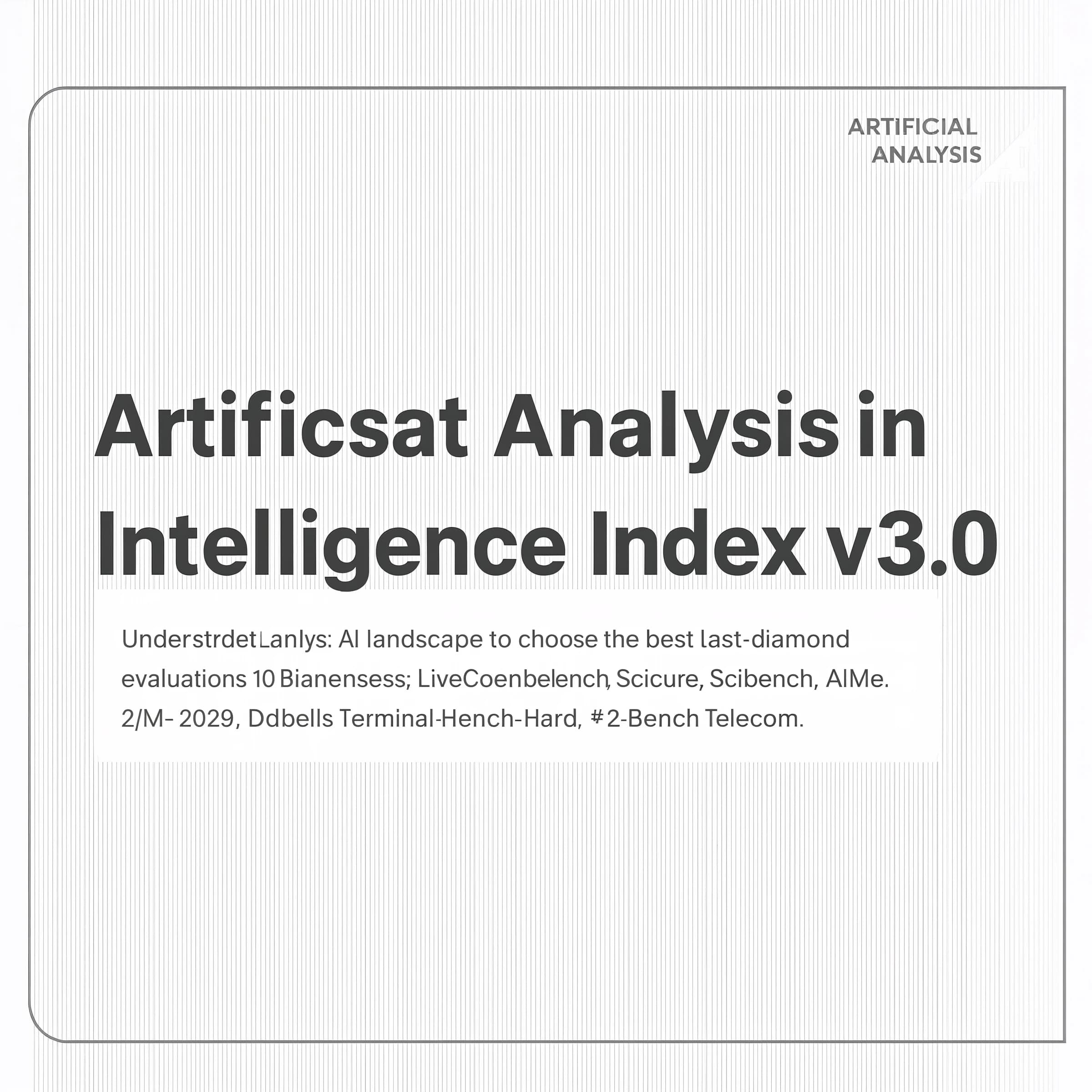 On a white dashboard with thin gray dividers, place a centered header in Helvetica Neue Bold, 20pt: “Independent analysis of AI - Understand the AI landscape to choose the best model and provider for your use case.” Directly beneath, a subheader in smaller Regular weight, 14pt: “Artificial Analysis Intelligence Index v3.0 incorporates 10 evaluations: MMLU-Pro, GPQA Diamond, Humanity's Last Exam, LiveCodeBench, SciCode, AIME 2025, IFBench, AA-LCR, Terminal-Bench Hard, 𝜏²-Bench Telecom.” The header is fully justified but the subheader is left-aligned. In the upper right corner, the Artificial Analysis logo appears watermarked, diagonal, faint gray, partially overlapping the scrollbar.