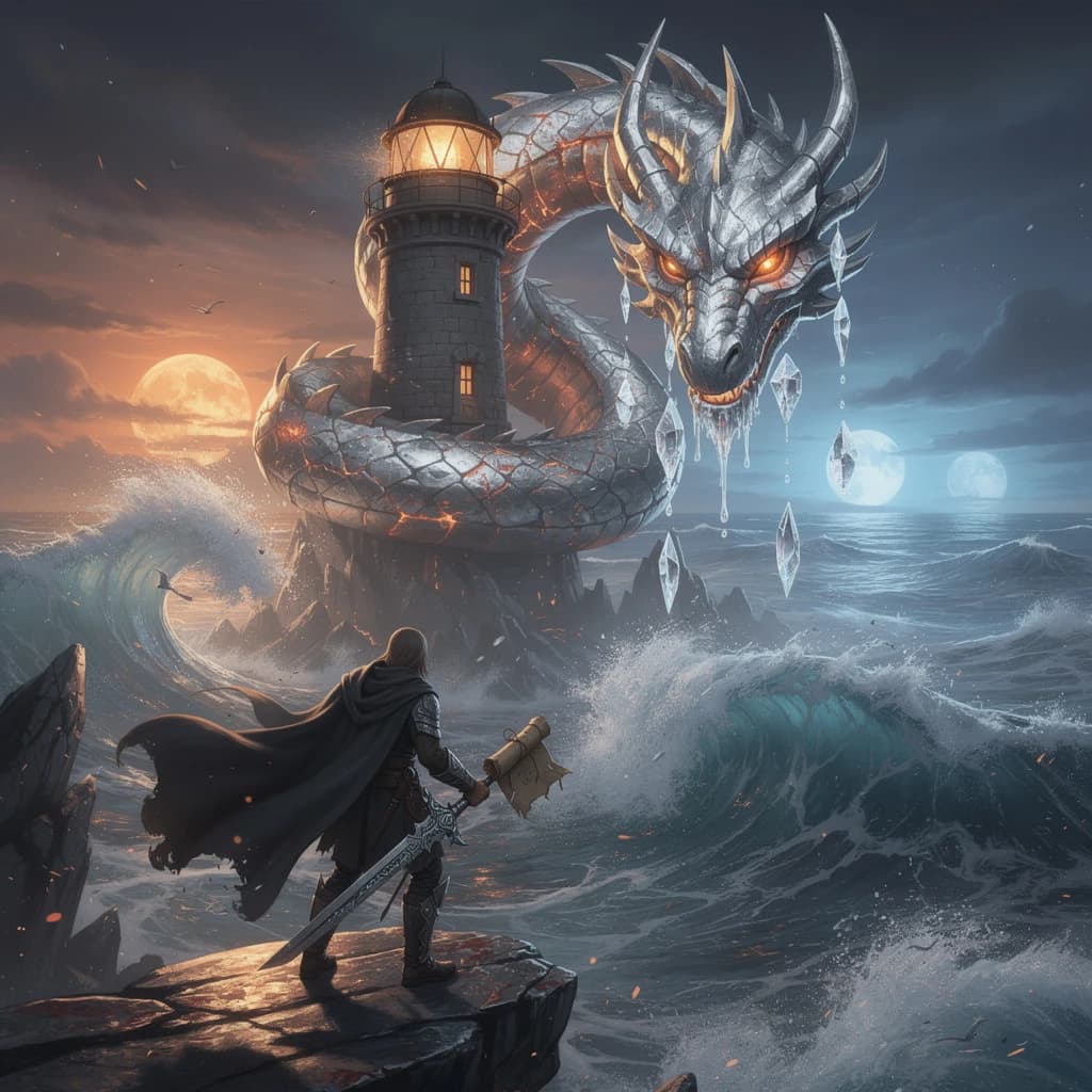 A dragon of molten silver coils around a lighthouse. The storming sea below crashes upward in frozen stillness, as though caught mid-motion. The dragon’s molten eyes drip tears of ice. On the horizon, two suns set next to each other, casting orange light on one side of the tower and blue on the other. A cloaked traveler carries an ancient weapon in his left hand and a scroll in his right.