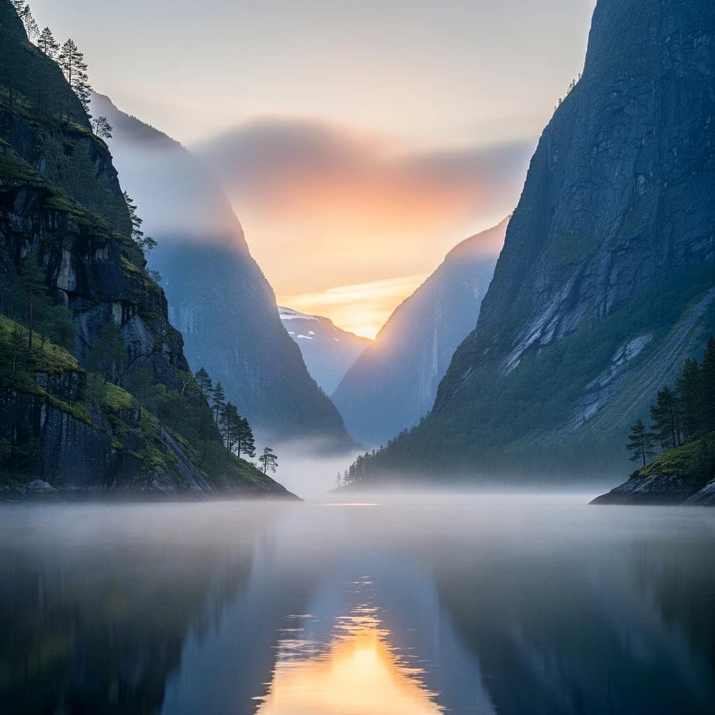 Frame a foggy fjord at sunrise, cliffs looming.