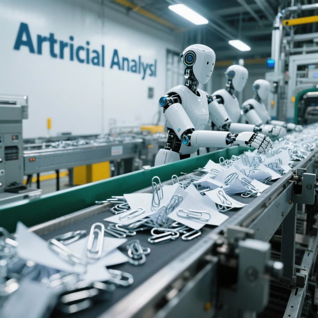 Close up point of view perspective on a conveyor belt pumping out paperclips at a maddening pace. The high tech factory has Artificial Analysis printed proudly on the wall. Robot staff look approvingly over the robust output.