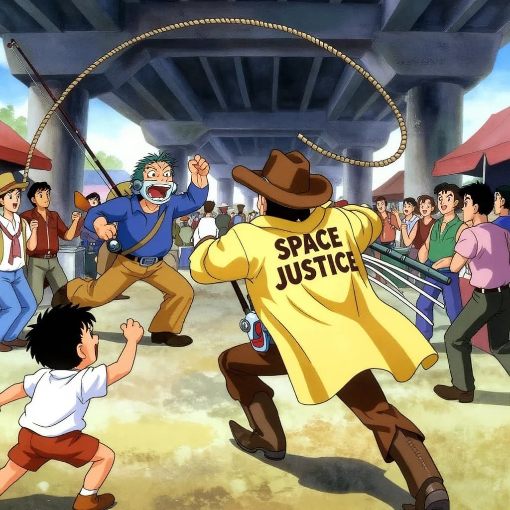 The space cowboy chases the deranged fisherman underneath the causeway, eager to collect on his bounty. Fishing rods and lines hang off the back off the fishermen as he darts between the bustling market crowd. We see the back of the space cowboy in his space poncho emblazoned with the words SPACE JUSTICE, spinning his lasso over his head. A child on the sidelines excitedly cheers the cowboy. 1990s hand drawn anime style with strong fluidity
