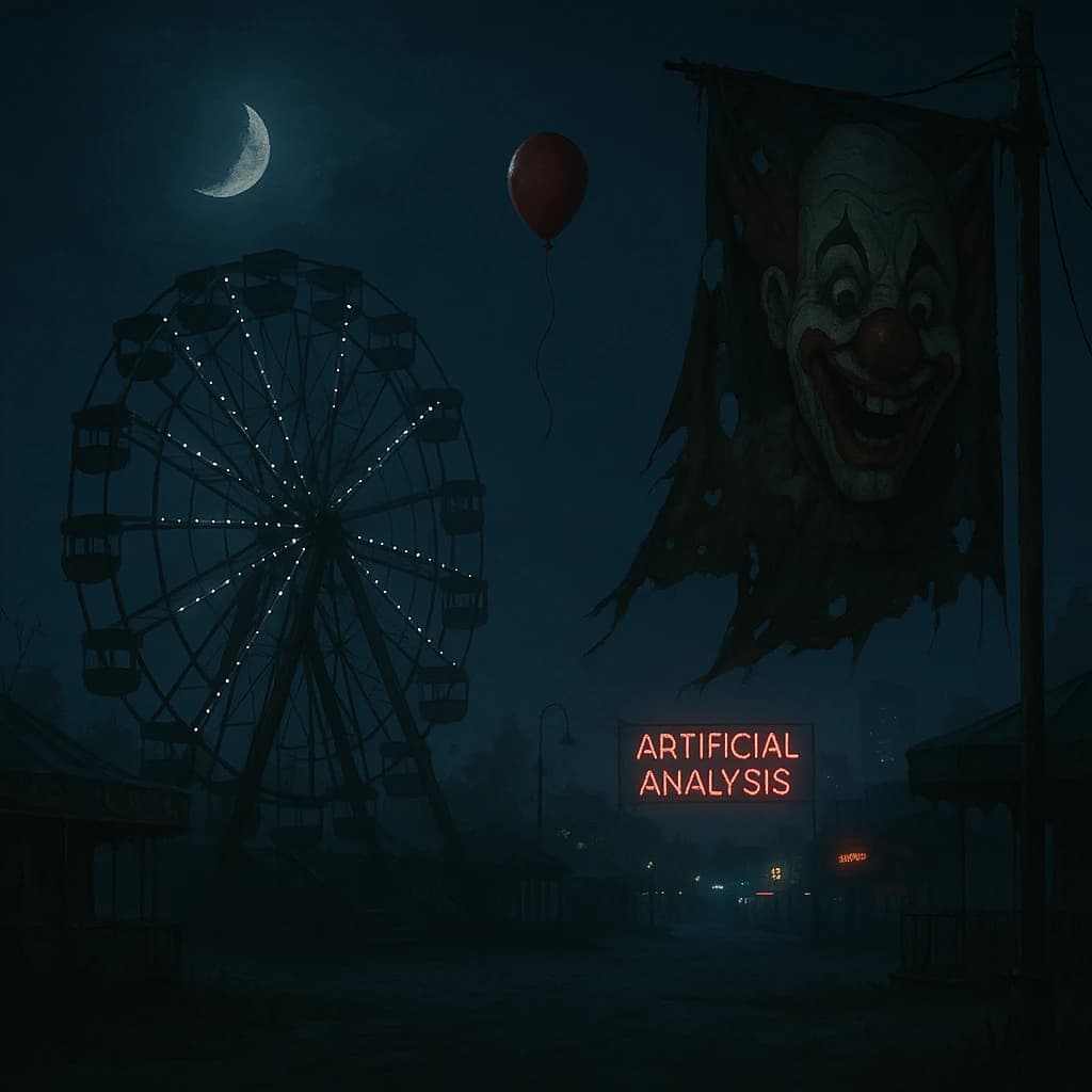 A deserted amusement park glows faintly under a half-moon. The ferris wheel is rusting yet strung with fresh, blinking LED lights. A torn clown banner flaps in a windless air. A lone balloon floats upward, tethered to nothing, while in the far distance city lights flicker on - some neon, some gas lamps as though from another century. 'Artificial Analysis' glows in neon