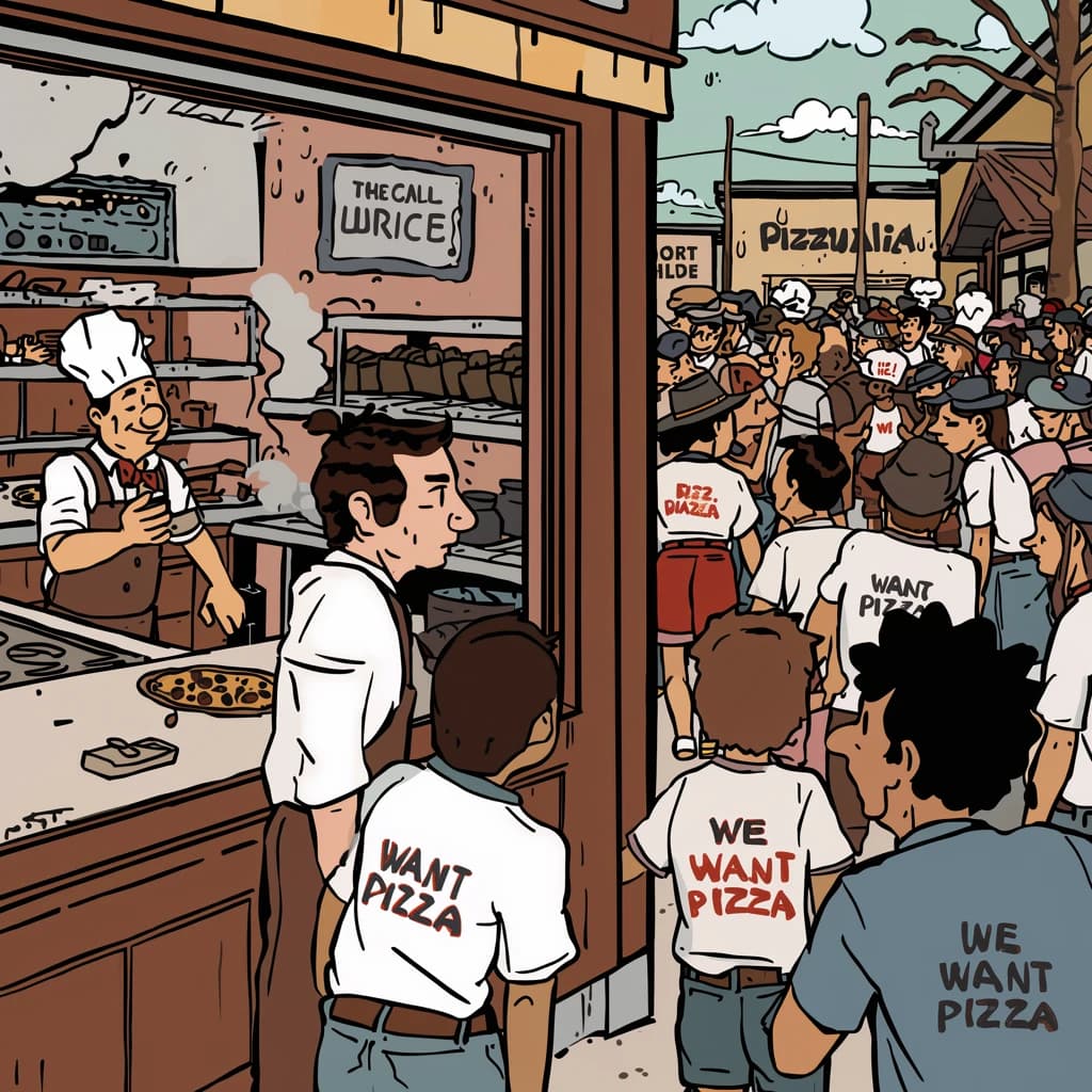 Pasquale is pulling his few remaining hairs out over a disaster at the pizzeria - the cooks are working as fast as they can but the crowds outside are swelling and they demand hot hot pizza! They are banging on the glass and some are wearing "we want pizza" shirts. 1980s western TV animation style.