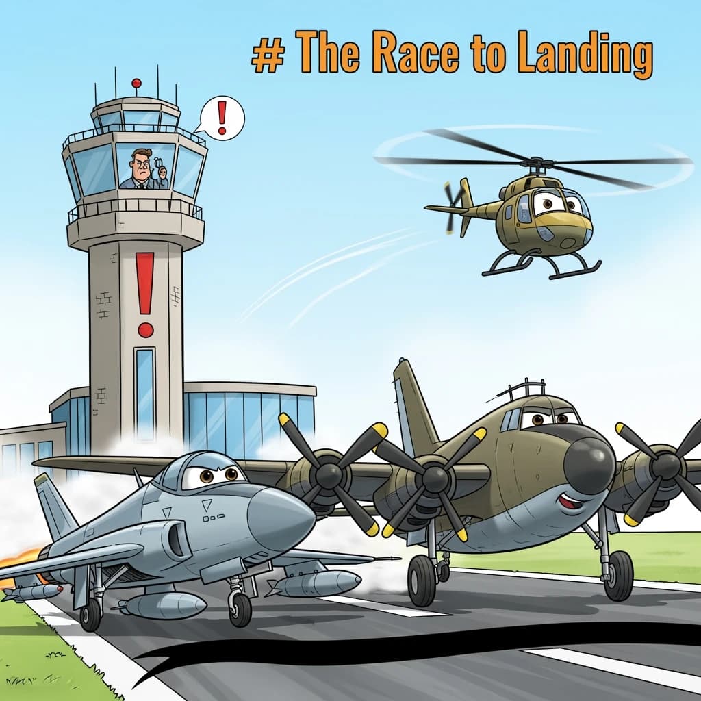Almost at the runway, Fred the Fighter Jet is racing with Barry the Bomber to see who lands first. Fred has a mischievous trick up his sleeve but Hermione the Helicopter is going to stop him before he gets the chance. The control tower is very angry and has a big exclamation mark. Hand drawn cel look