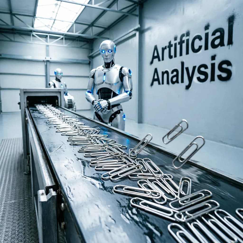 Close up point of view perspective on a conveyor belt pumping out paperclips at a maddening pace. The high tech factory has Artificial Analysis printed proudly on the wall. Robot staff look approvingly over the robust output.